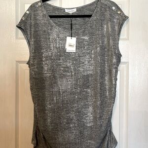 Calvin Klein Womens Sleeveless Pleated Metallic Top Buttons Silver Gray XL NWT
